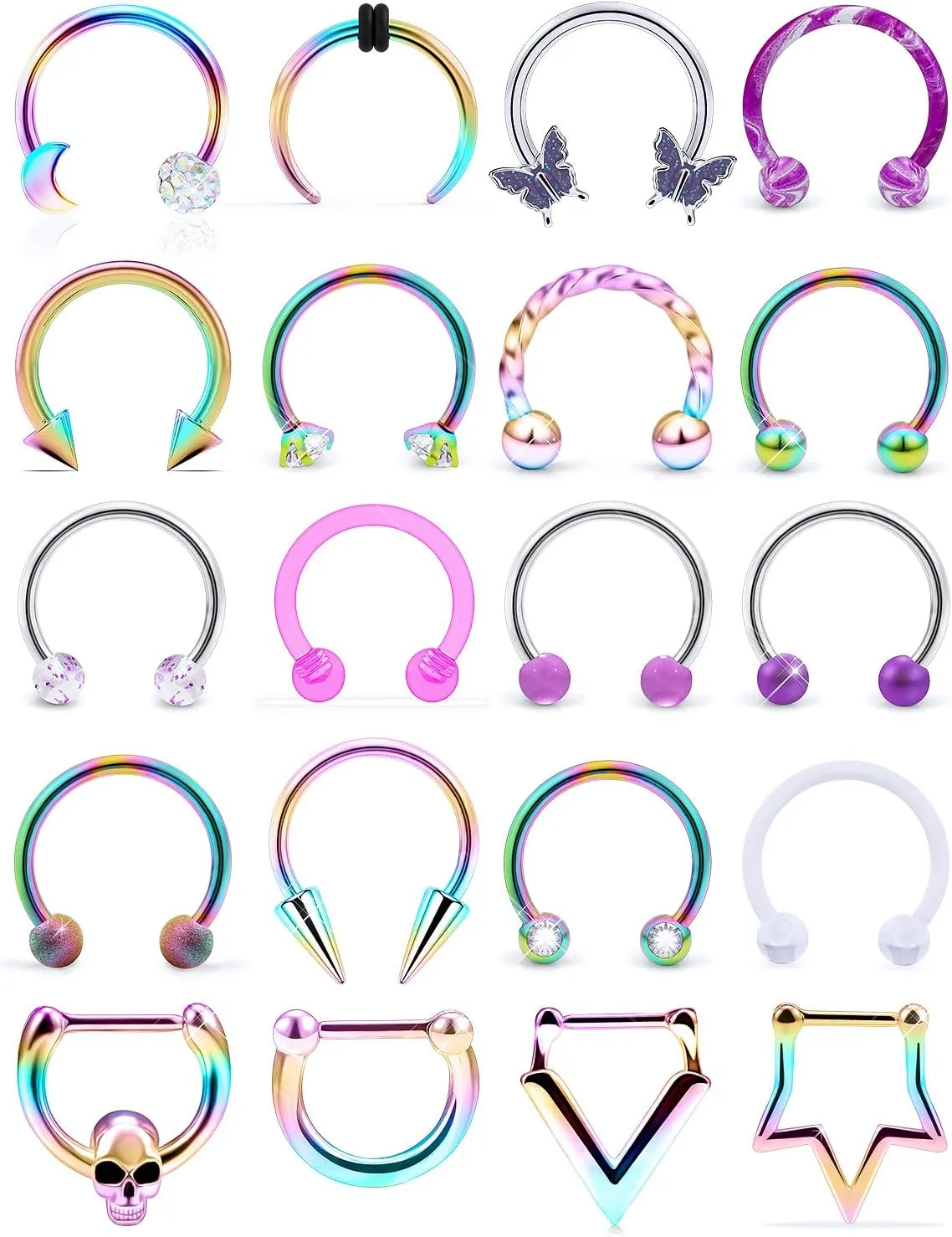 16g Surgical Steel Septum Ring - 10mm Horseshoe Septum Jewelry - Hypoallergenic Clicker Silver & Black - In Velvet Bag