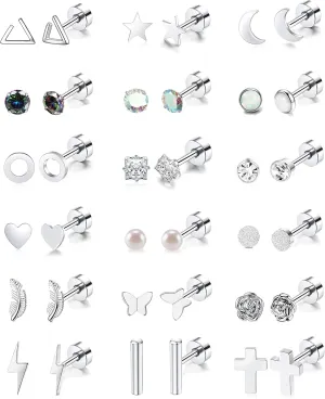 18 Pairs Stainless Steel Stud Earrings Set for Women Men Star Moon flower Heart Leaf Opal 20G Cartilage Earrings Hypoallergenic Flatback Earrings Piercing Jewelry