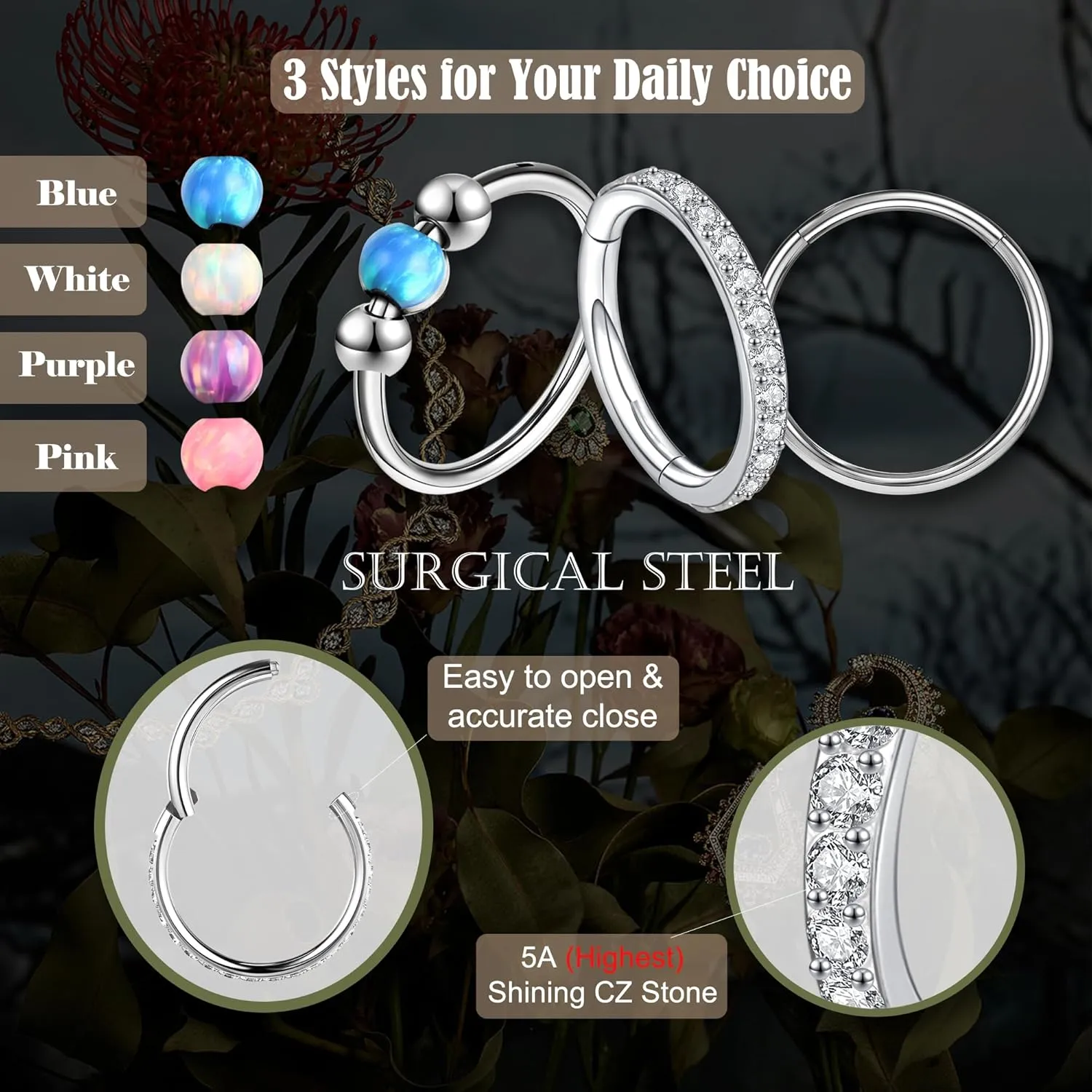 18G 3PCS Nose Rings Hoops 316L Surgical Steel Opalite Nose Rings for Women Clear CZ Nose Rings Hoop 8mm/10mm Septum Rings Clicker for Cartilage Daith Helix Tragus Conch Piercing Jewelry