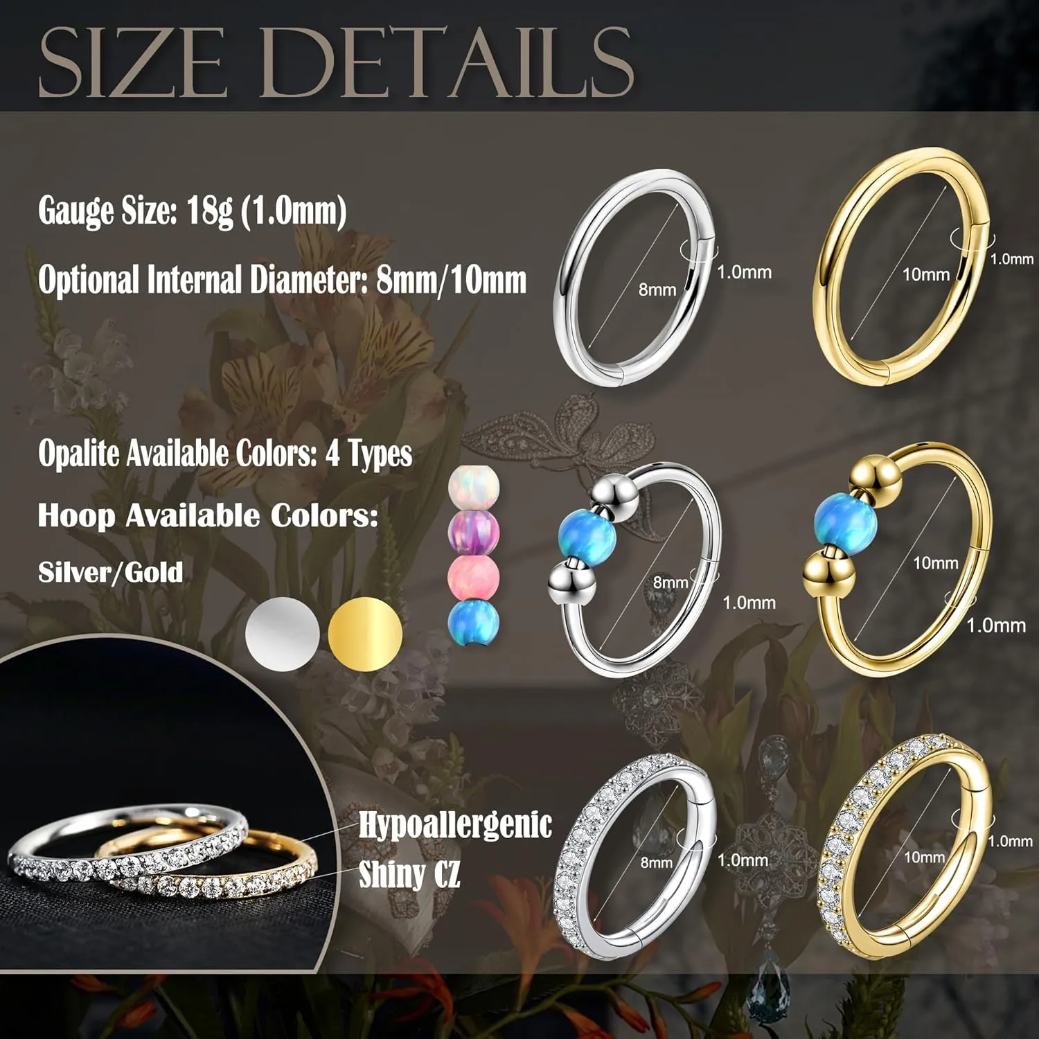 18G 3PCS Nose Rings Hoops 316L Surgical Steel Opalite Nose Rings for Women Clear CZ Nose Rings Hoop 8mm/10mm Septum Rings Clicker for Cartilage Daith Helix Tragus Conch Piercing Jewelry
