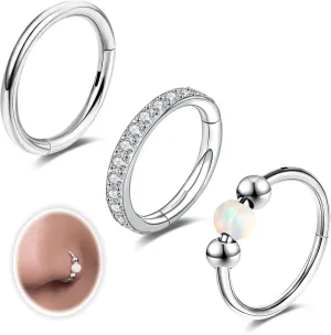 18G 3PCS Nose Rings Hoops 316L Surgical Steel Opalite Nose Rings for Women Clear CZ Nose Rings Hoop 8mm/10mm Septum Rings Clicker for Cartilage Daith Helix Tragus Conch Piercing Jewelry