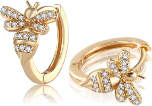 18K Gold Bee Earrings for Women, Hypoallergenic Stud with Cubic Zirconia, Hoop Earrings for Women, Gold/Silver Colors