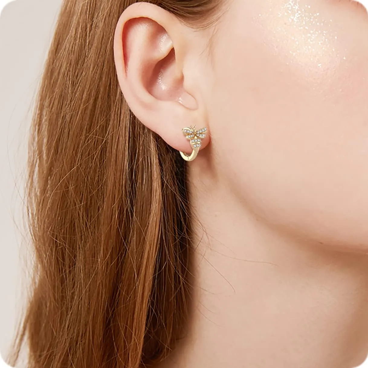 18K Gold Bee Earrings for Women, Hypoallergenic Stud with Cubic Zirconia, Hoop Earrings for Women, Gold/Silver Colors