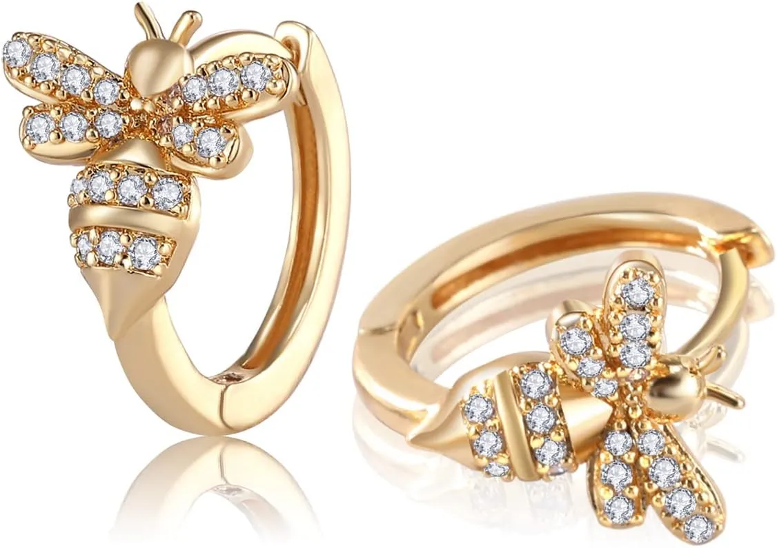 18K Gold Bee Earrings for Women, Hypoallergenic Stud with Cubic Zirconia, Hoop Earrings for Women, Gold/Silver Colors
