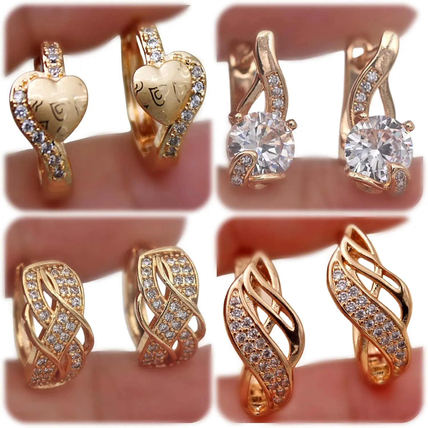 18K Gold Plated, 4 Pairs Small Huggie Hoop Earrings Set for Women, Heart Swirl Design, Hypoallergenic Cubic Zirconia Earrings, Lightweight, gold hoops, gold earrings, Jewelry for Gifts, Fashion