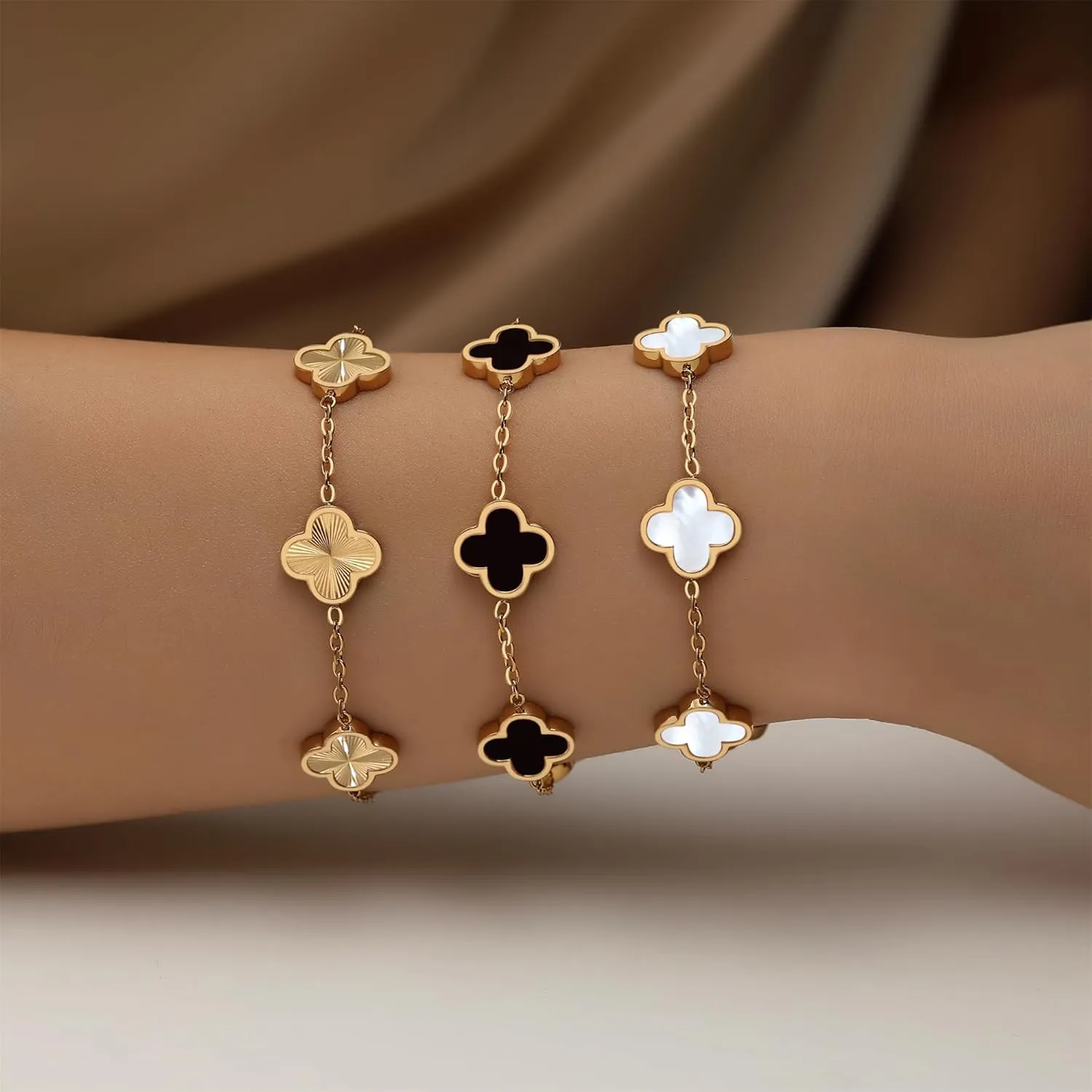 18K Gold Plated Clover Bracelet Set for Women White/Black/Gold/Silver/Green/Pink Adjustable Link Double-Sided Lucky Bracelets Trendy Bracelets Set Jewelry Gifts for Women Men
