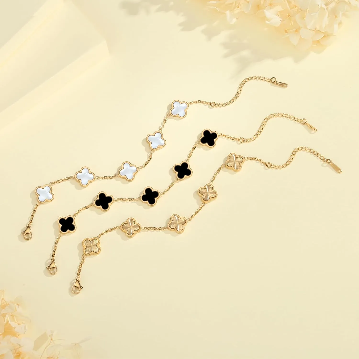 18K Gold Plated Clover Bracelet Set for Women White/Black/Gold/Silver/Green/Pink Adjustable Link Double-Sided Lucky Bracelets Trendy Bracelets Set Jewelry Gifts for Women Men