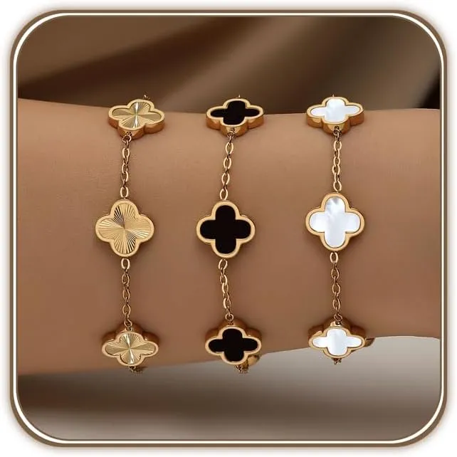 18K Gold Plated Clover Bracelet Set for Women White/Black/Gold/Silver/Green/Pink Adjustable Link Double-Sided Lucky Bracelets Trendy Bracelets Set Jewelry Gifts for Women Men