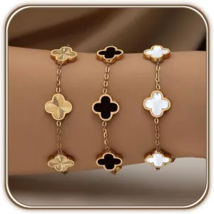 18K Gold Plated Clover Bracelet Set for Women White/Black/Gold/Silver/Green/Pink Adjustable Link Double-Sided Lucky Bracelets Trendy Bracelets Set Jewelry Gifts for Women Men