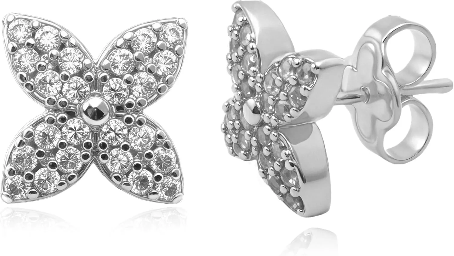 18K Gold Plated Platinum Plated Four Petal Flower Stud Earrings, Flower Shape Four Leaf Clover Design with Cubic Zirconia Hypoallergenic Push Back Studs Elegant Jewelry Gift for Women Lover and Family