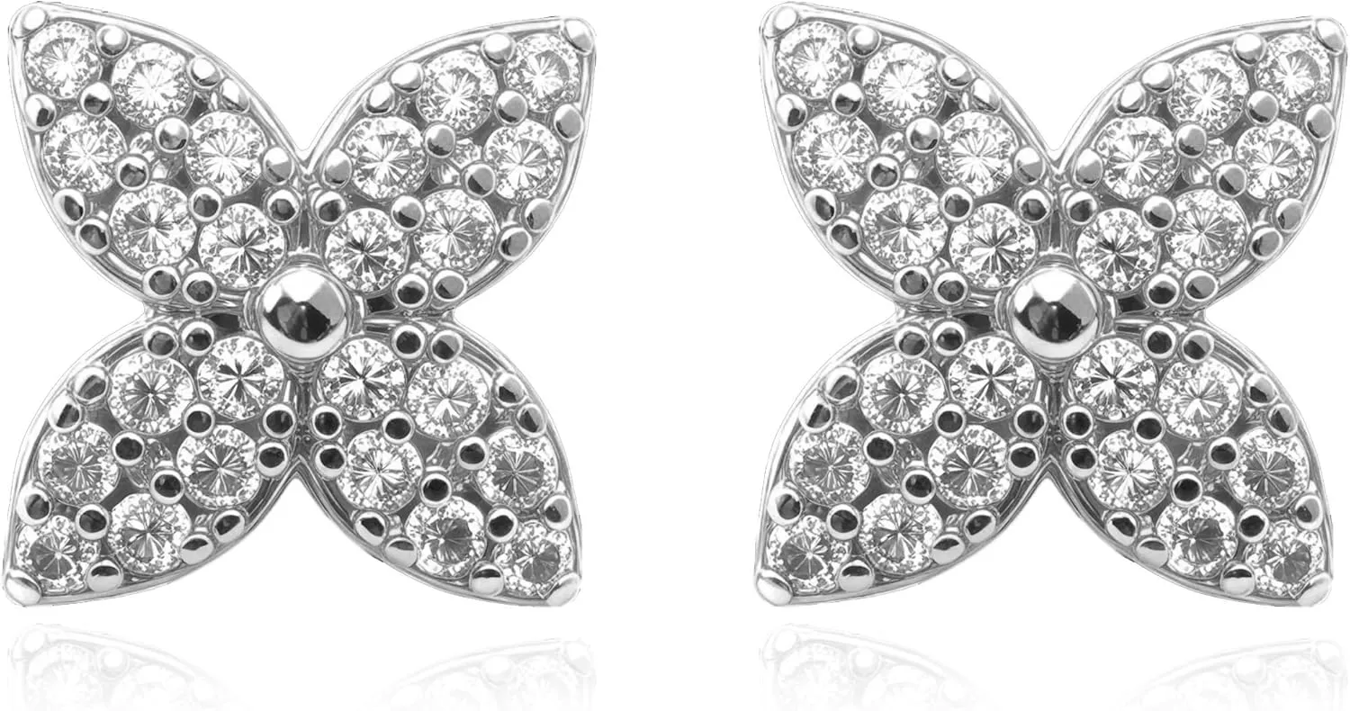 18K Gold Plated Platinum Plated Four Petal Flower Stud Earrings, Flower Shape Four Leaf Clover Design with Cubic Zirconia Hypoallergenic Push Back Studs Elegant Jewelry Gift for Women Lover and Family