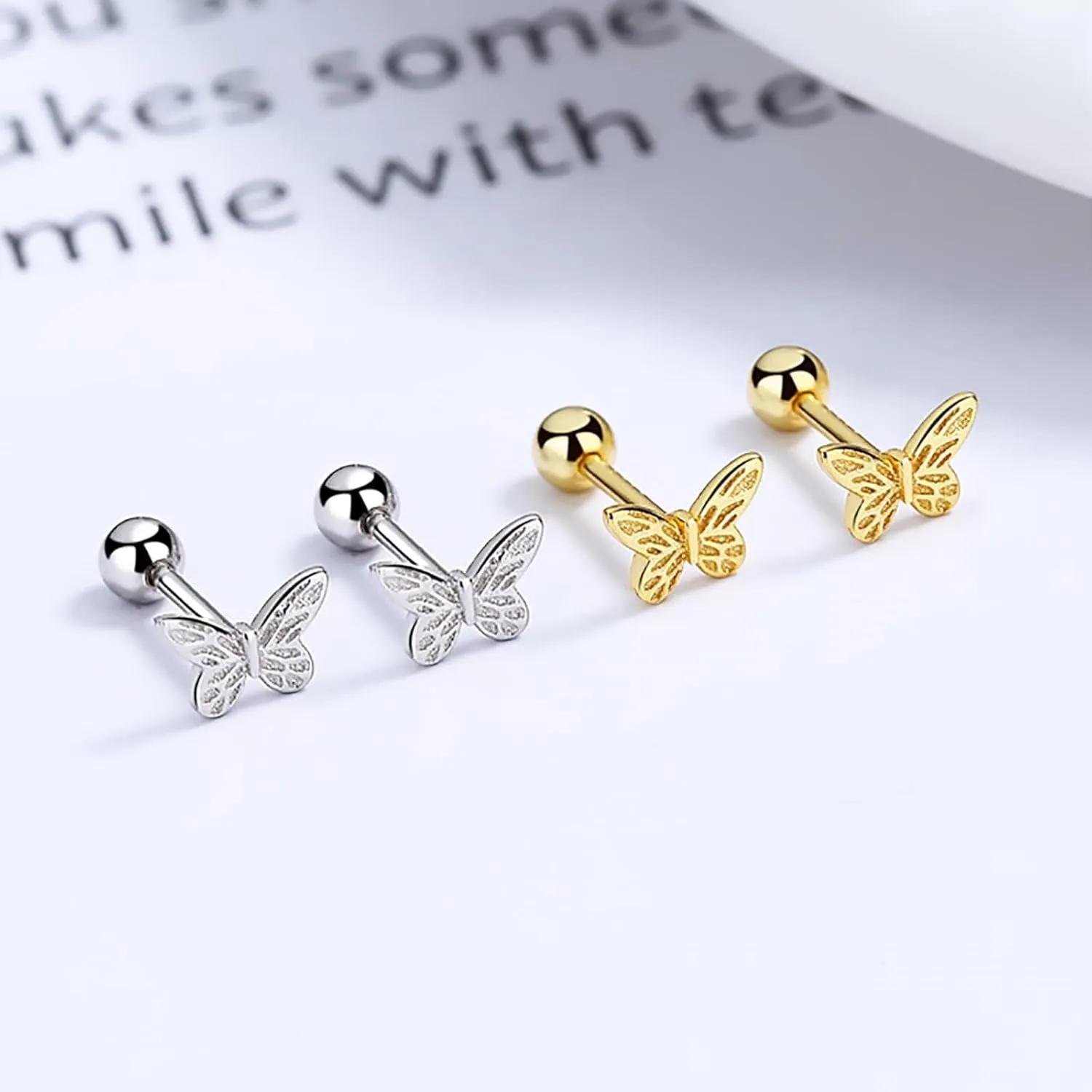18K Gold Plated Sterling Silver Screw Back Small Trendy Dainty Cute Butterfly Stud Earrings for Women with Jewelry Rose Box
