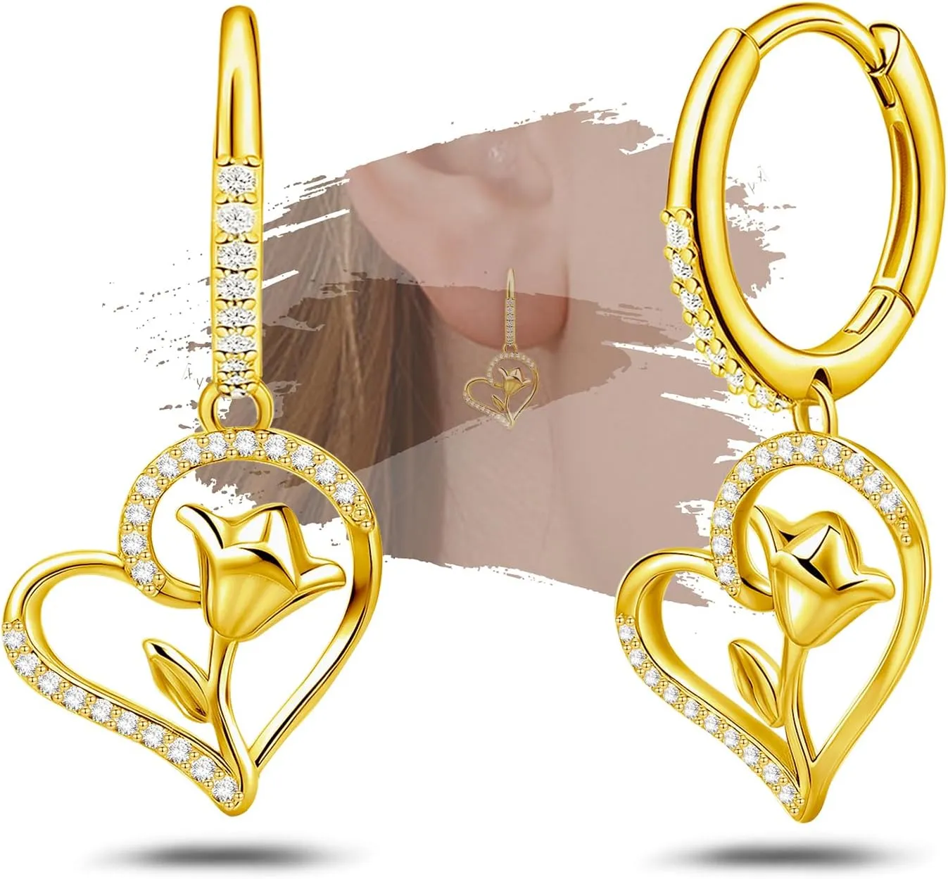 18K Gold Plated Sterling Sliver Heart-Shaped Rose Hoop Earrings for Women Hypoallergenic Romantic Love Heart Sparkling Cubic Zirconia Huggie Earrings