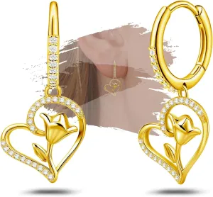 18K Gold Plated Sterling Sliver Heart-Shaped Rose Hoop Earrings for Women Hypoallergenic Romantic Love Heart Sparkling Cubic Zirconia Huggie Earrings