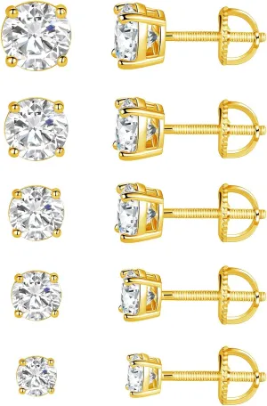 18K White Gold Plated 4 Prong Round Clear Cubic Zirconia Screw Back Stud Earring Pack of 5