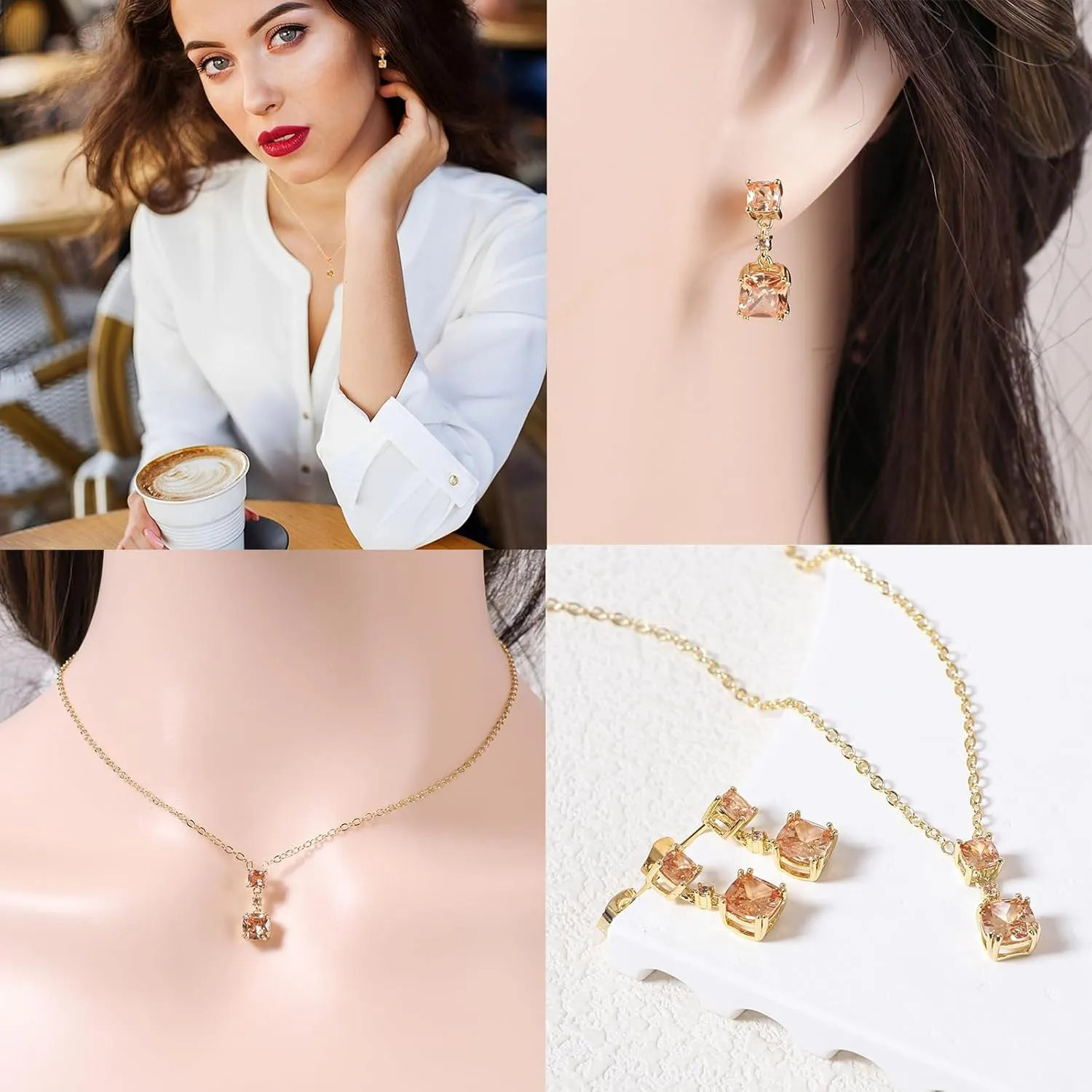 18k/14k Gold Plated Jewelry Set for Women 4/2 Pcs Emerald-cut/Heart/Cushion-cut Cubic Zirconia Necklace Earring Bracelet Anklet Set Birthstone Jewelry Wife Mother Wedding Prom Birthday Gift