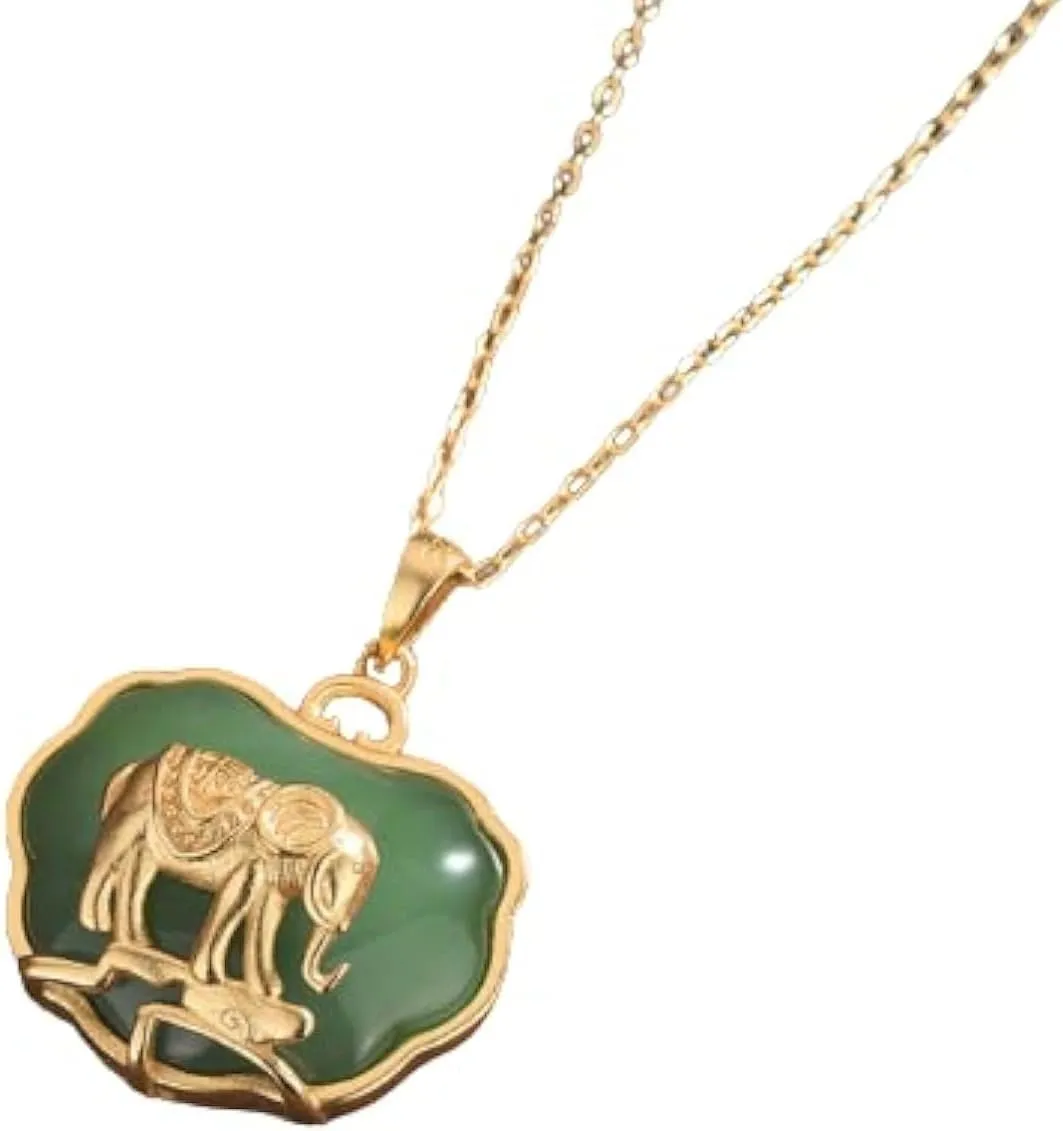 18" Jade Elephant Pendant Necklace Charm 18K Gold Plated Chain Retro Dainty Gemstone Gift For Women, Family, Anniversary, Her, Weddings, Birthdays, Wife, Mother, Mom (Gold)