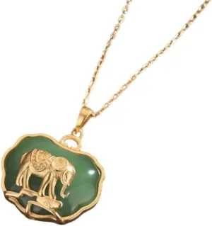 18" Jade Elephant Pendant Necklace Charm 18K Gold Plated Chain Retro Dainty Gemstone Gift For Women, Family, Anniversary, Her, Weddings, Birthdays, Wife, Mother, Mom (Gold)