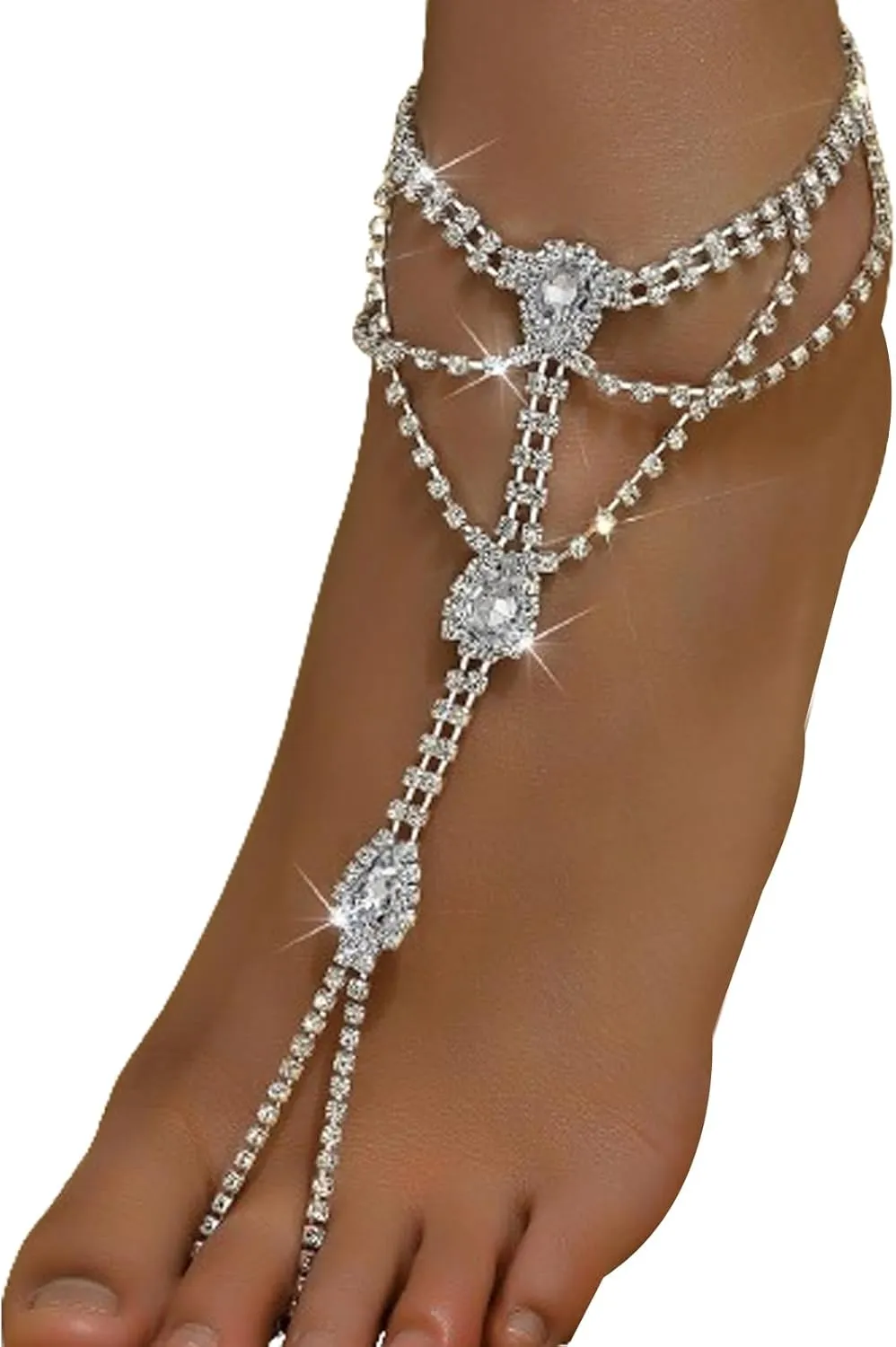 1Pair Multi-layered Rhinestone Barefoot Sandals Foot Chain Jewelry Wedding Bridal Rhinestone Leg Foot Jewelry Summer Crystal High Heel Anklet Shoe Chain for Women