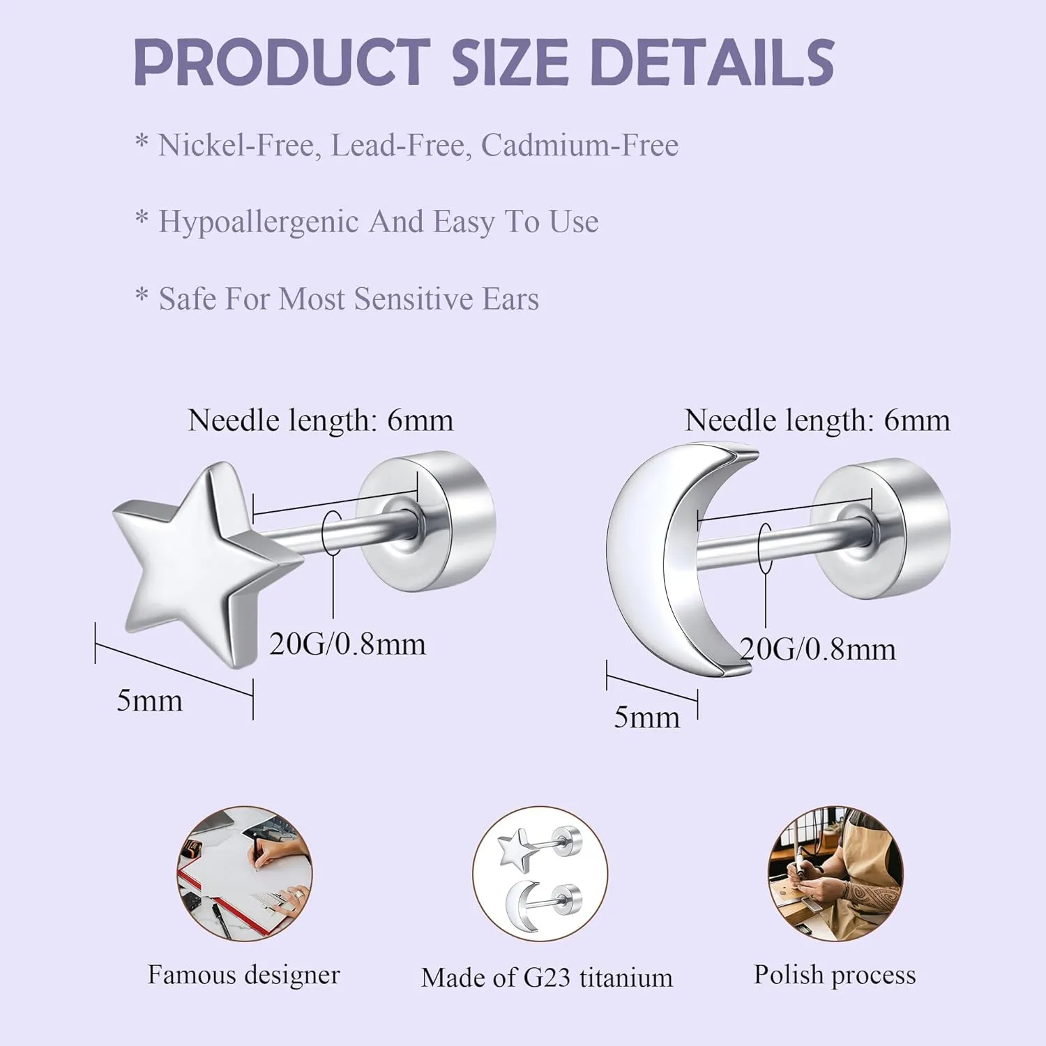 2 Pairs Flat Back Earrings Women, Titanium Star and Moon Earrings, Heart & CZ Flatback Stud, Butterfly & Lightning Screw Back, Crosses and Triangles Stud, Gold/Pink/Silver/Black Options