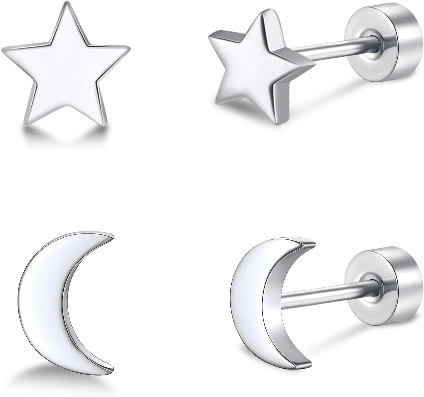 2 Pairs Flat Back Earrings Women, Titanium Star and Moon Earrings, Heart & CZ Flatback Stud, Butterfly & Lightning Screw Back, Crosses and Triangles Stud, Gold/Pink/Silver/Black Options