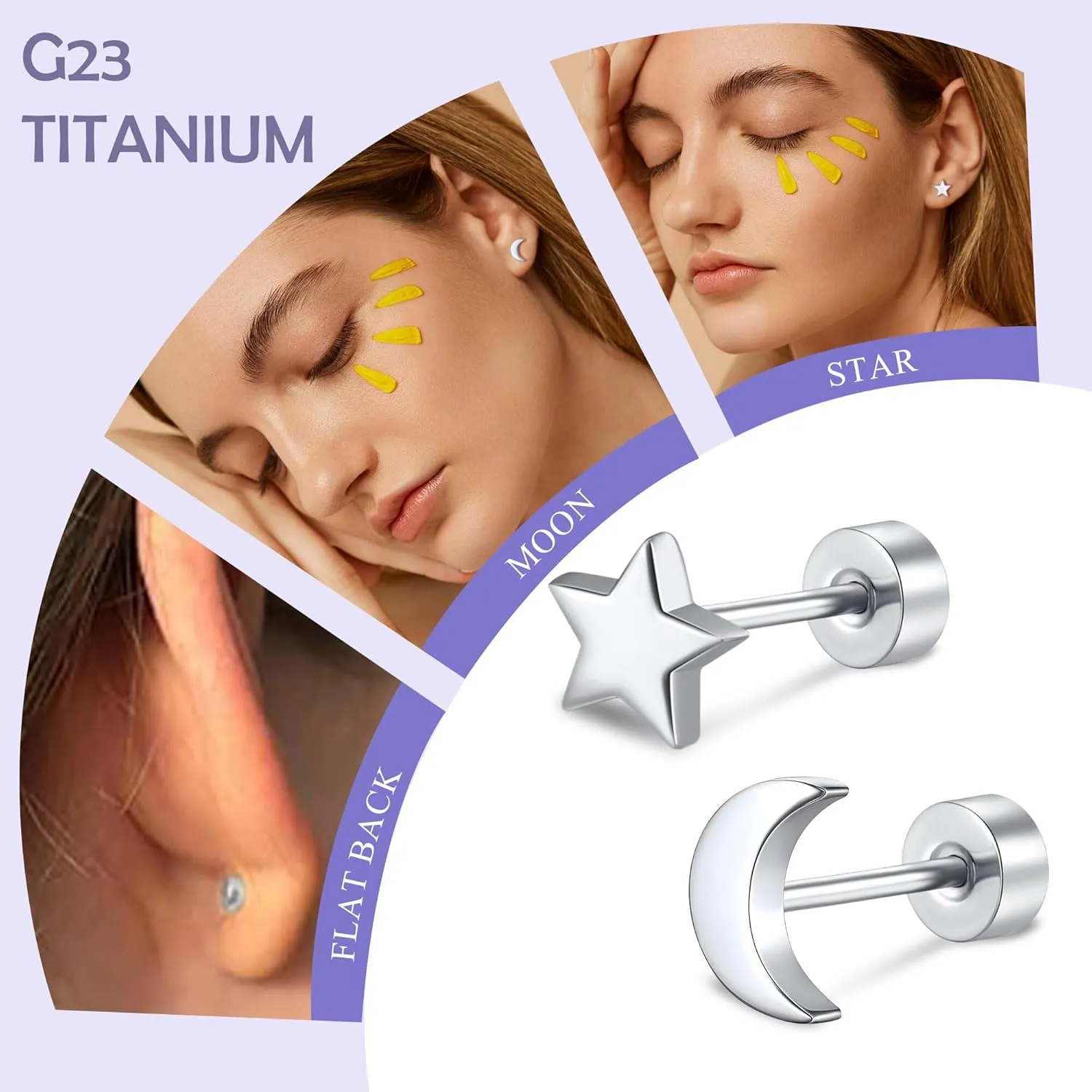 2 Pairs Flat Back Earrings Women, Titanium Star and Moon Earrings, Heart & CZ Flatback Stud, Butterfly & Lightning Screw Back, Crosses and Triangles Stud, Gold/Pink/Silver/Black Options