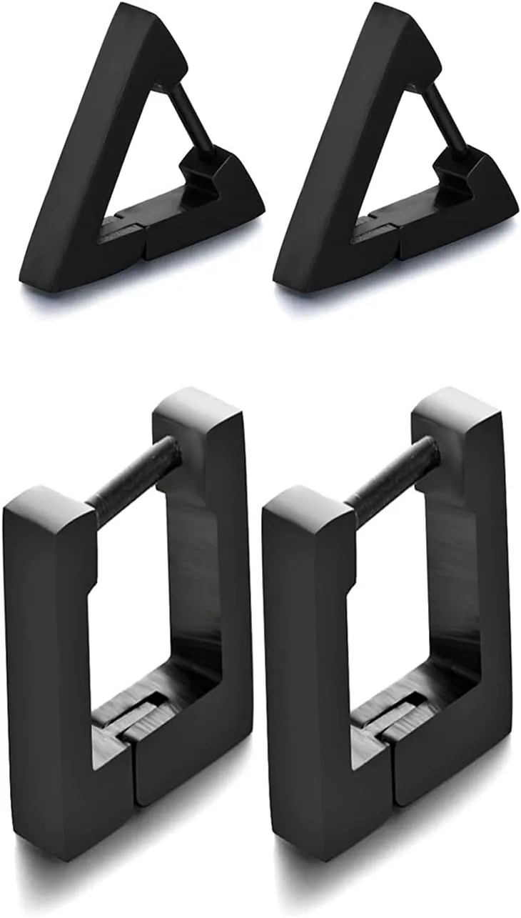 2 Pairs Minimalist Stainless Steel Geometric Hoop Earrings Dainty Small Punk Gold Tone Rectangle Triangle Huggie Hoop Earrings for Men Women-black