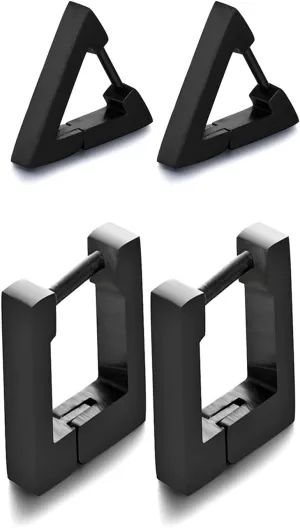 2 Pairs Minimalist Stainless Steel Geometric Hoop Earrings Dainty Small Punk Gold Tone Rectangle Triangle Huggie Hoop Earrings for Men Women-black