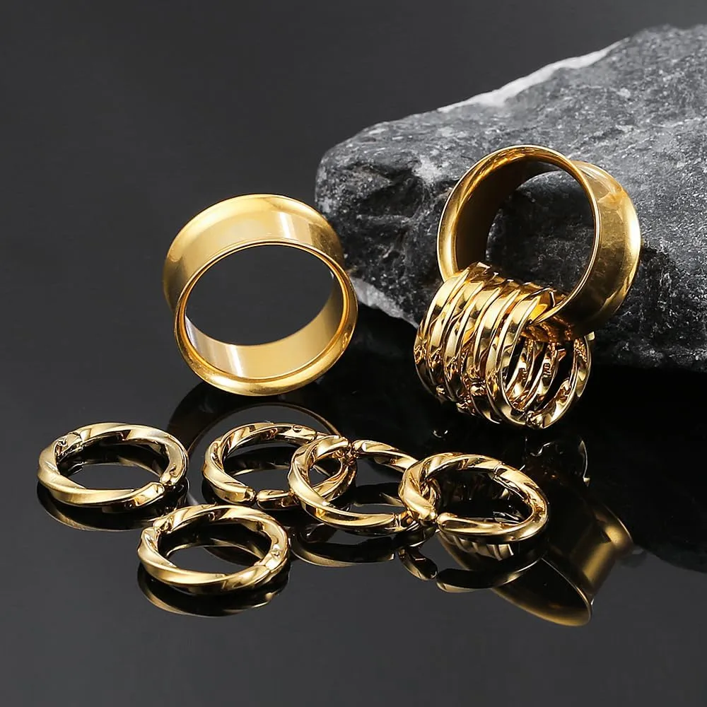 2 PCS Ear Gauges with 10 twisty rings ear weight Hypoallergenic 316 Stainless Steel Ear Stretchers Plus Tunnels (0G-1") 8mm-25mm 00G Body Piercing Jewelry