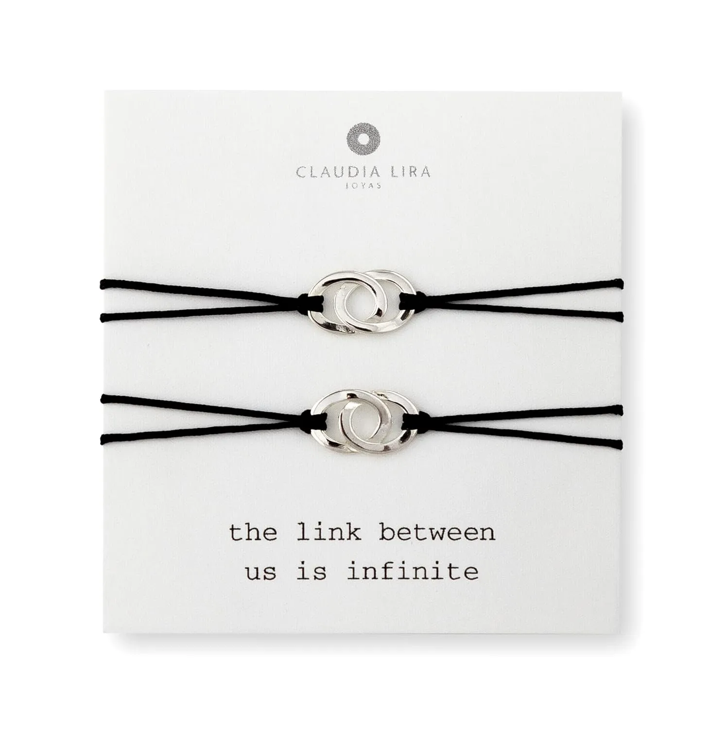 2 Piece Set Silver Double Oval Circle Link Charm Friendship Bracelets with Black Thread and Message Card, Perfect Jewelry Gift for Friend and Family, Adjustable Pull Thread Kindred Cord