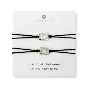 2 Piece Set Silver Double Oval Circle Link Charm Friendship Bracelets with Black Thread and Message Card, Perfect Jewelry Gift for Friend and Family, Adjustable Pull Thread Kindred Cord