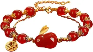 2023 New Year Zodiac Lucky Rabbit Bracelets Chinese Zodiac Charm Imitation Jade Yutu Adjustable Bracelets Good Prospects Blessing for Women Girls Jewelry Gift (S2)