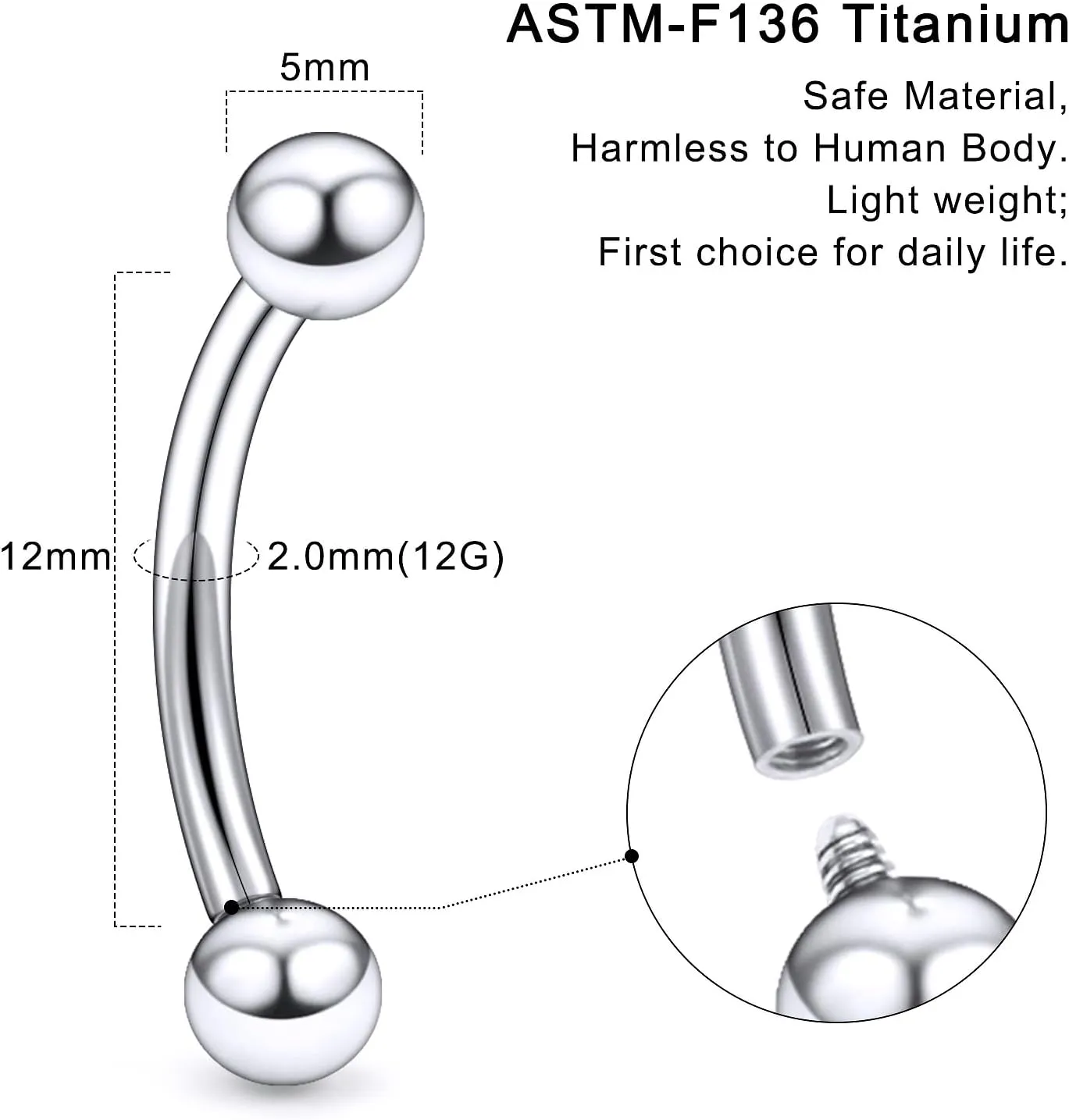 20G 18G 16G 14G 12G 8G 6G 4G 2G Astm F136 Titanium Internal Thread Eyebrow Piercing Jewelry Curved Barbell Vertical Labret Lip Daith Rook Earrings Navel Belly Button Ring Piercing Jewelry