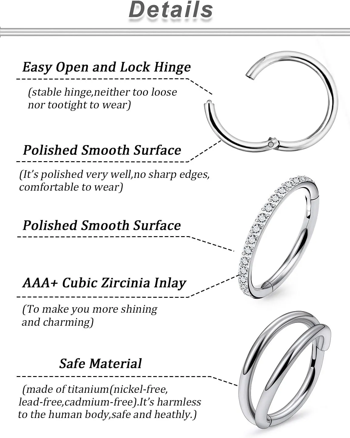 20G 18G 16G Titanium Nose Rings Hoops G23 Hinged Septum Nose Rings Clicker Helix Daith Rook Cartilage Tragus Earrings Segment Ring Lip Ring Piercing Jewelry for Women Men 8mm 10mm