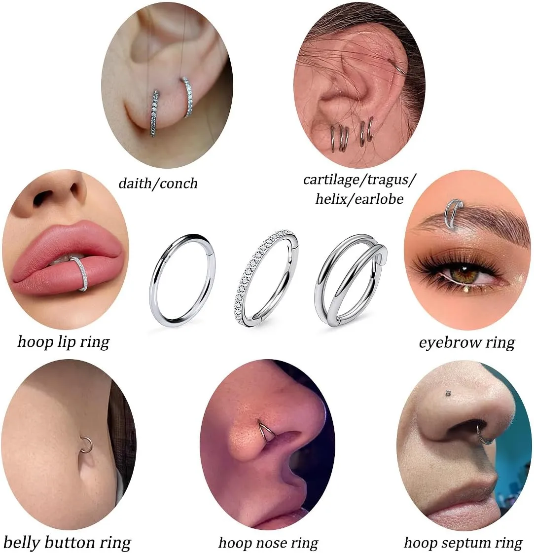 20G 18G 16G Titanium Nose Rings Hoops G23 Hinged Septum Nose Rings Clicker Helix Daith Rook Cartilage Tragus Earrings Segment Ring Lip Ring Piercing Jewelry for Women Men 8mm 10mm