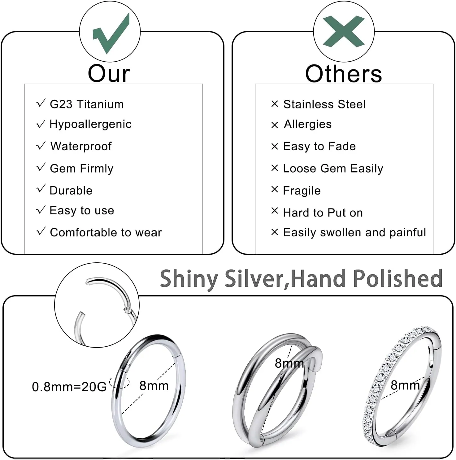 20G 18G 16G Titanium Nose Rings Hoops G23 Hinged Septum Nose Rings Clicker Helix Daith Rook Cartilage Tragus Earrings Segment Ring Lip Ring Piercing Jewelry for Women Men 8mm 10mm