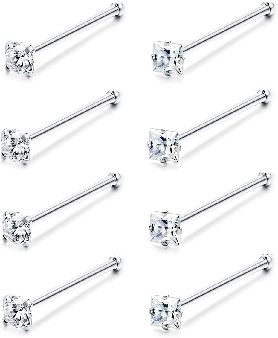 20G Nose Ring Studs 316L Stainless Steel Nose Studs for Women L Shaped Bone Cubic Zirconia Nose Piercing Jewelry Round Square Shapes Nose Stud 2-3MM