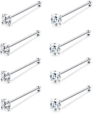 20G Nose Ring Studs 316L Stainless Steel Nose Studs for Women L Shaped Bone Cubic Zirconia Nose Piercing Jewelry Round Square Shapes Nose Stud 2-3MM