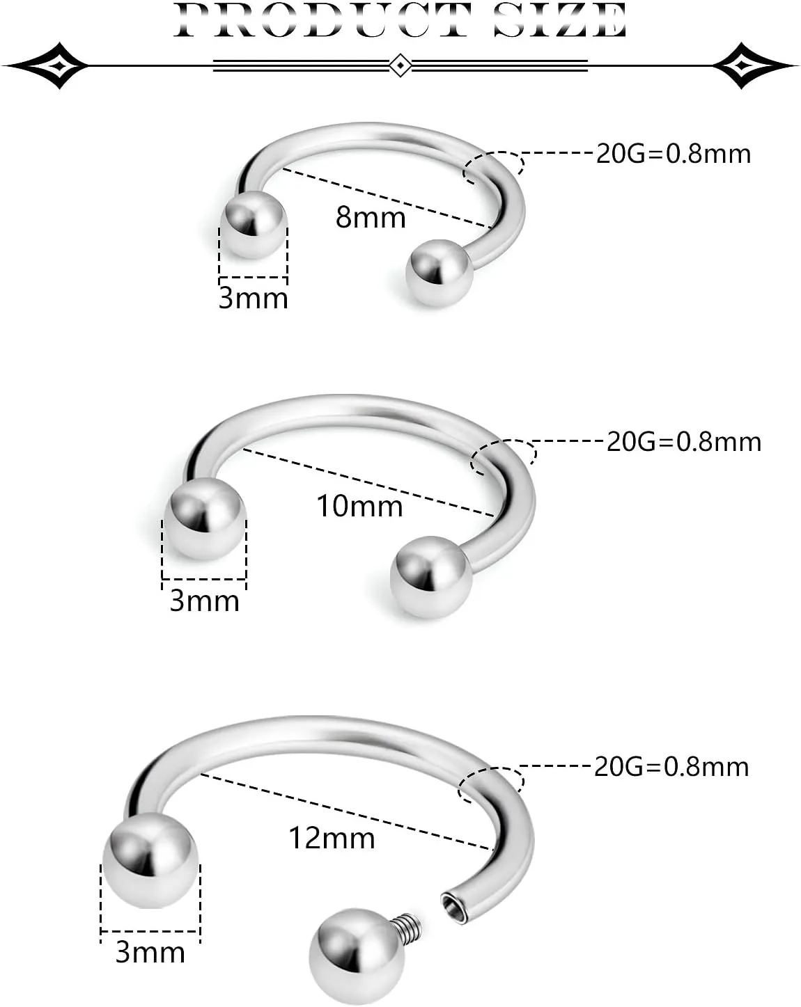 20g/18g/16g G23 Titanium Internally Threaded Nose Septum Horseshoe Hoop Earring Eyebrow Tragus Helix Daith Lip Rings Piercing Jewelry