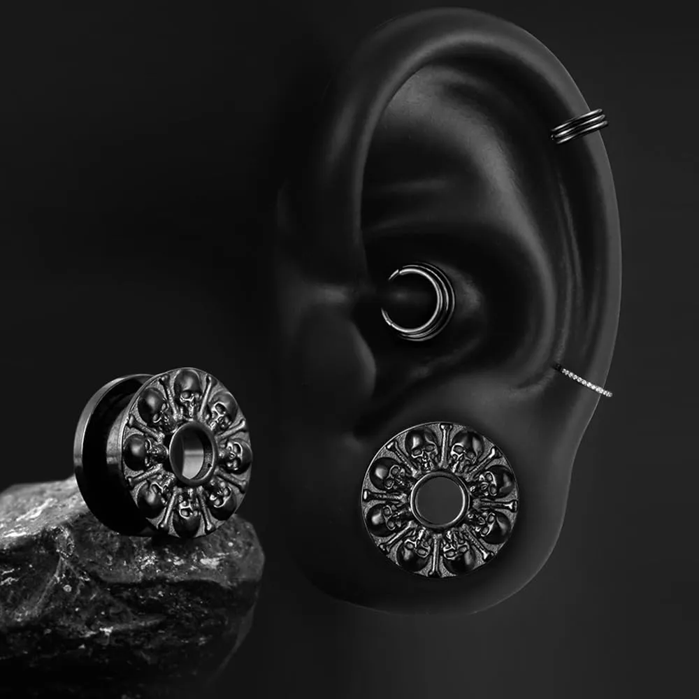 2PCS Dark Skull Saddle Plugs Tunnels Hypoallergenic 316 Stainless Steel Ear Gauges 8mm-25mm (0G-1")
