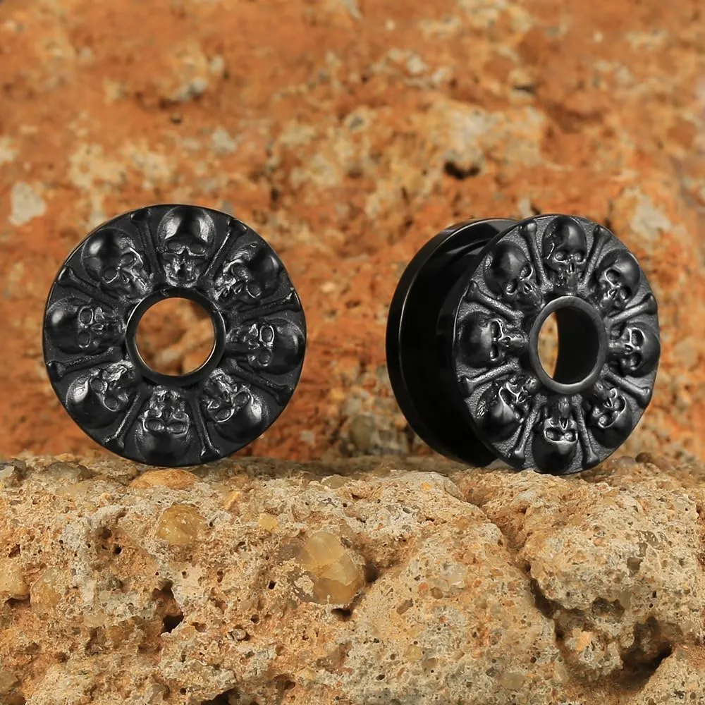 2PCS Dark Skull Saddle Plugs Tunnels Hypoallergenic 316 Stainless Steel Ear Gauges 8mm-25mm (0G-1")