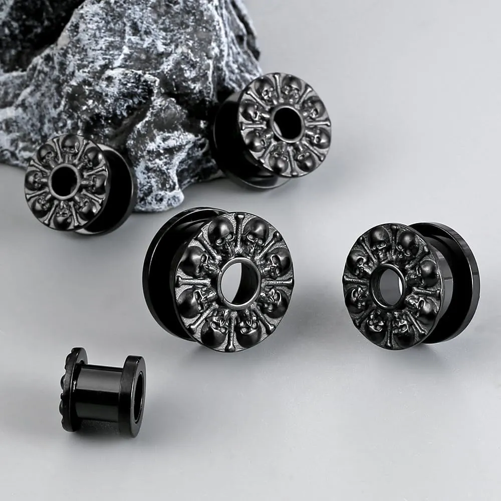 2PCS Dark Skull Saddle Plugs Tunnels Hypoallergenic 316 Stainless Steel Ear Gauges 8mm-25mm (0G-1")