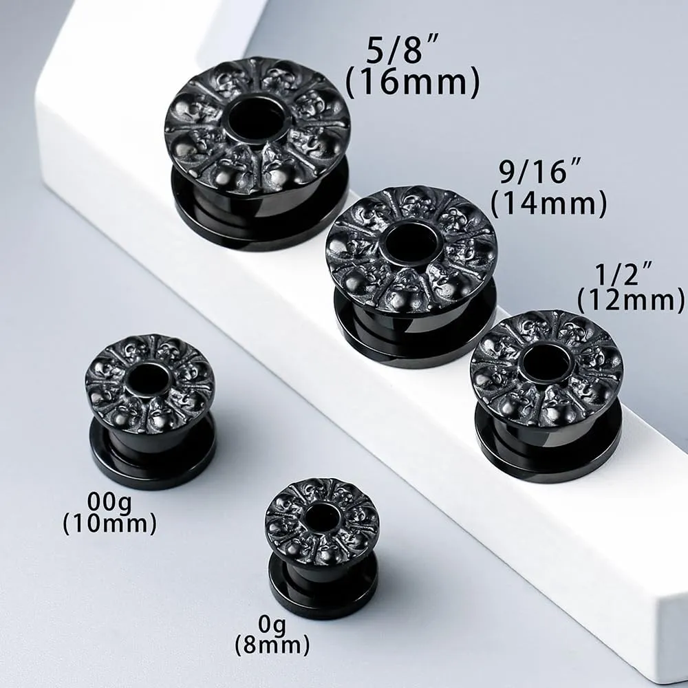 2PCS Dark Skull Saddle Plugs Tunnels Hypoallergenic 316 Stainless Steel Ear Gauges 8mm-25mm (0G-1")