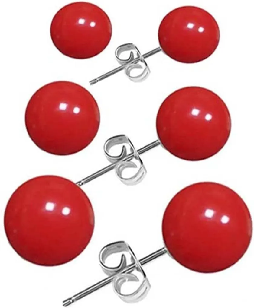 3 Pairs Pearl Red Stud Earrings for Women Round Ball Stud Earrings Set