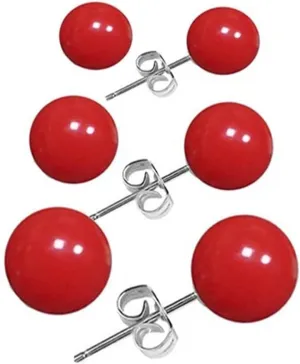 3 Pairs Pearl Red Stud Earrings for Women Round Ball Stud Earrings Set