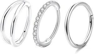 3 PCS 16G Diameter 8mm Silver Nose Rings Hoops 316L Stainless Steel Septum Clicker Lip Rings Cartilage Earring Helix Rook Tragus for Men and Women