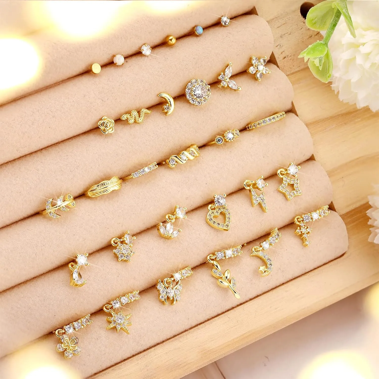 30 Pcs 20G Dangling Nose Rings for Women L Shaped Stainless Steel Dangling Studs CZ Flower Nose Ring Hoop Piercing Jewelry