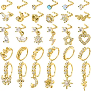 30 Pcs 20G Dangling Nose Rings for Women L Shaped Stainless Steel Dangling Studs CZ Flower Nose Ring Hoop Piercing Jewelry