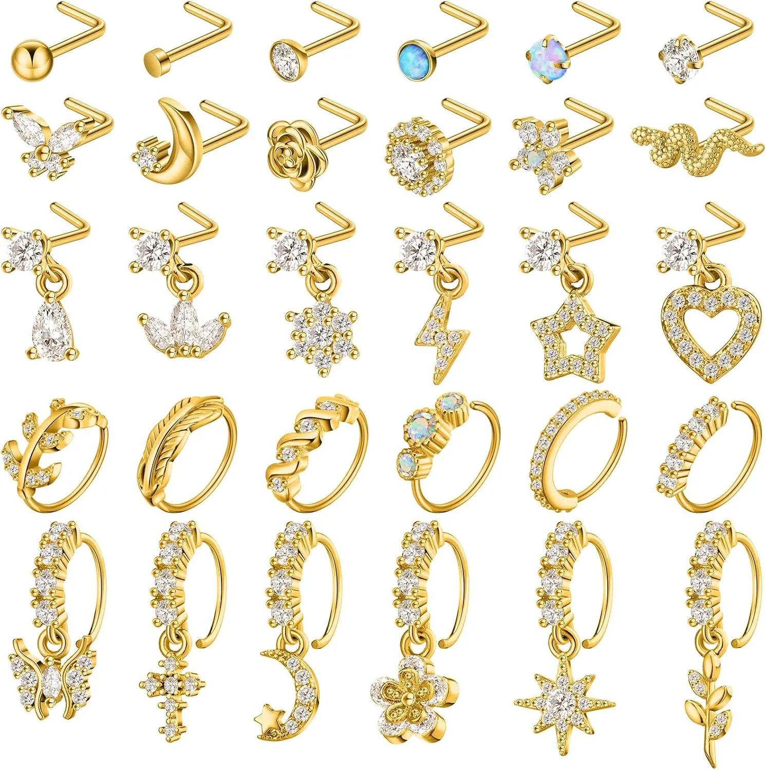 30 Pcs 20G Dangling Nose Rings for Women L Shaped Stainless Steel Dangling Studs CZ Flower Nose Ring Hoop Piercing Jewelry