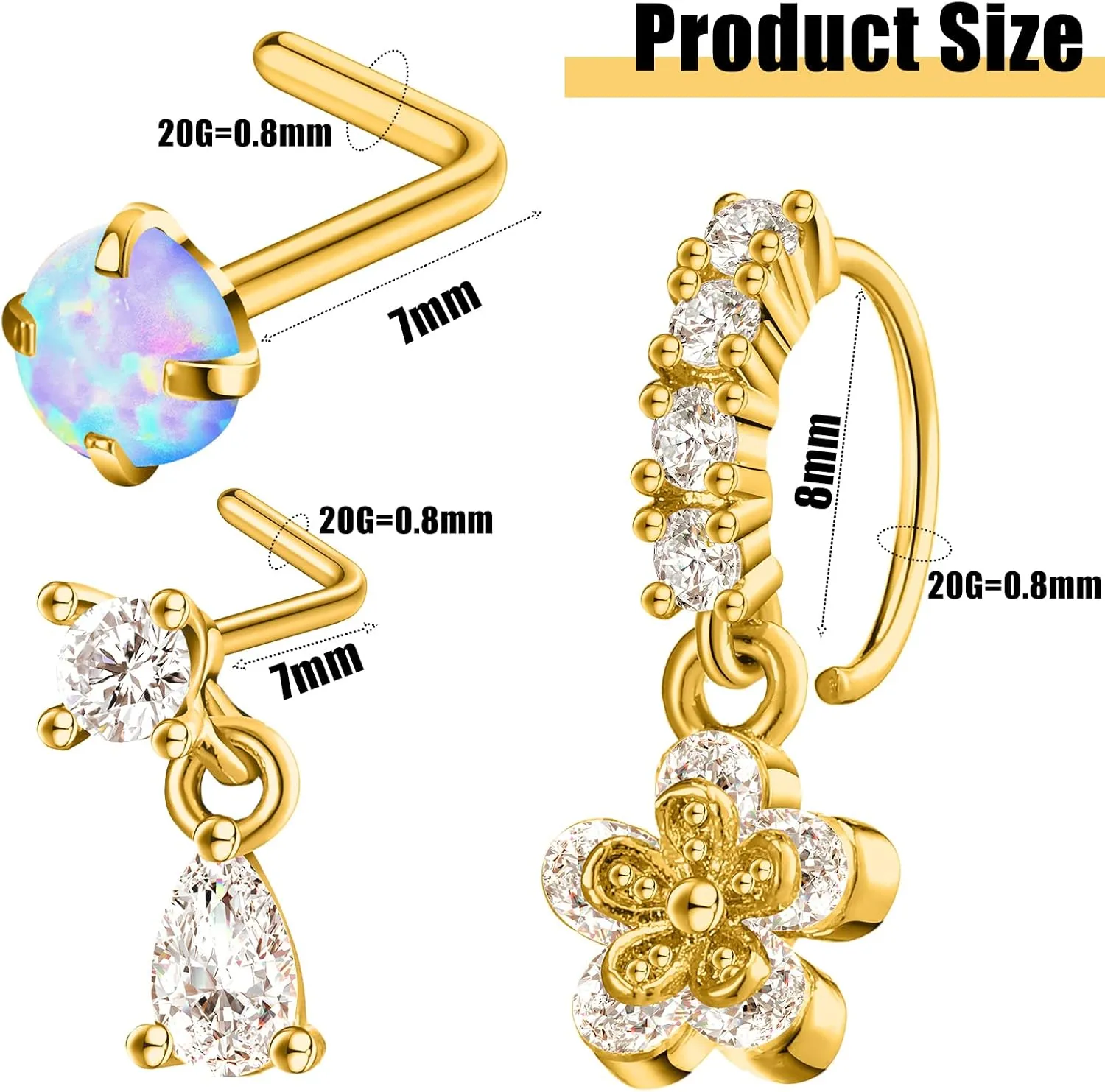 30 Pcs 20G Dangling Nose Rings for Women L Shaped Stainless Steel Dangling Studs CZ Flower Nose Ring Hoop Piercing Jewelry